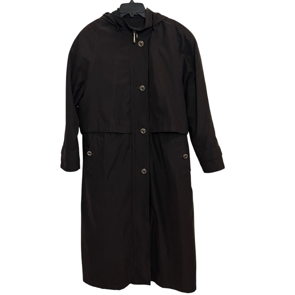 VTG Valerie Stevens Womens Long Hooded Trench Coat Brown Button Zip Size 12P - Picture 13 of 13
